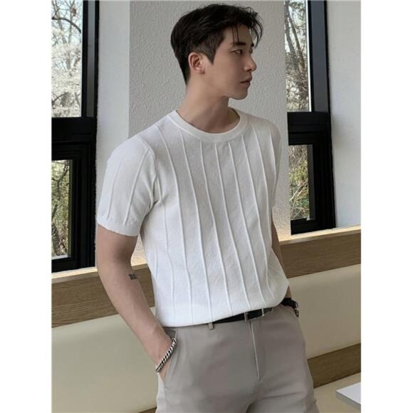 Men Solid Ribbed Knit Top, Elegant Men Shirt - Picture 5 of 9